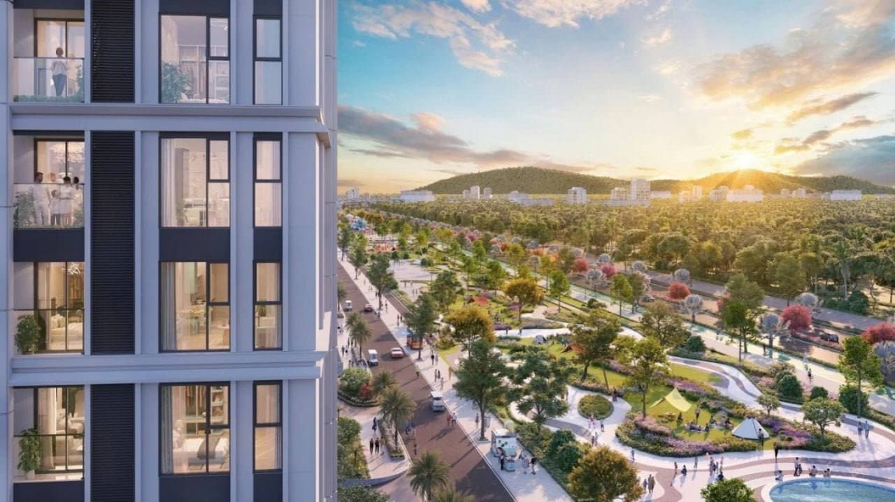 Mặt đứng tháp căn hộ với ban công, nhìn ra công viên trung tâm và đại lộ
