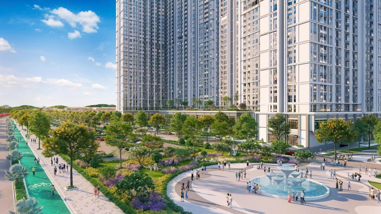Quảng trường đài phun nước và làn xe đạp trước cụm tháp căn hộ cao tầng