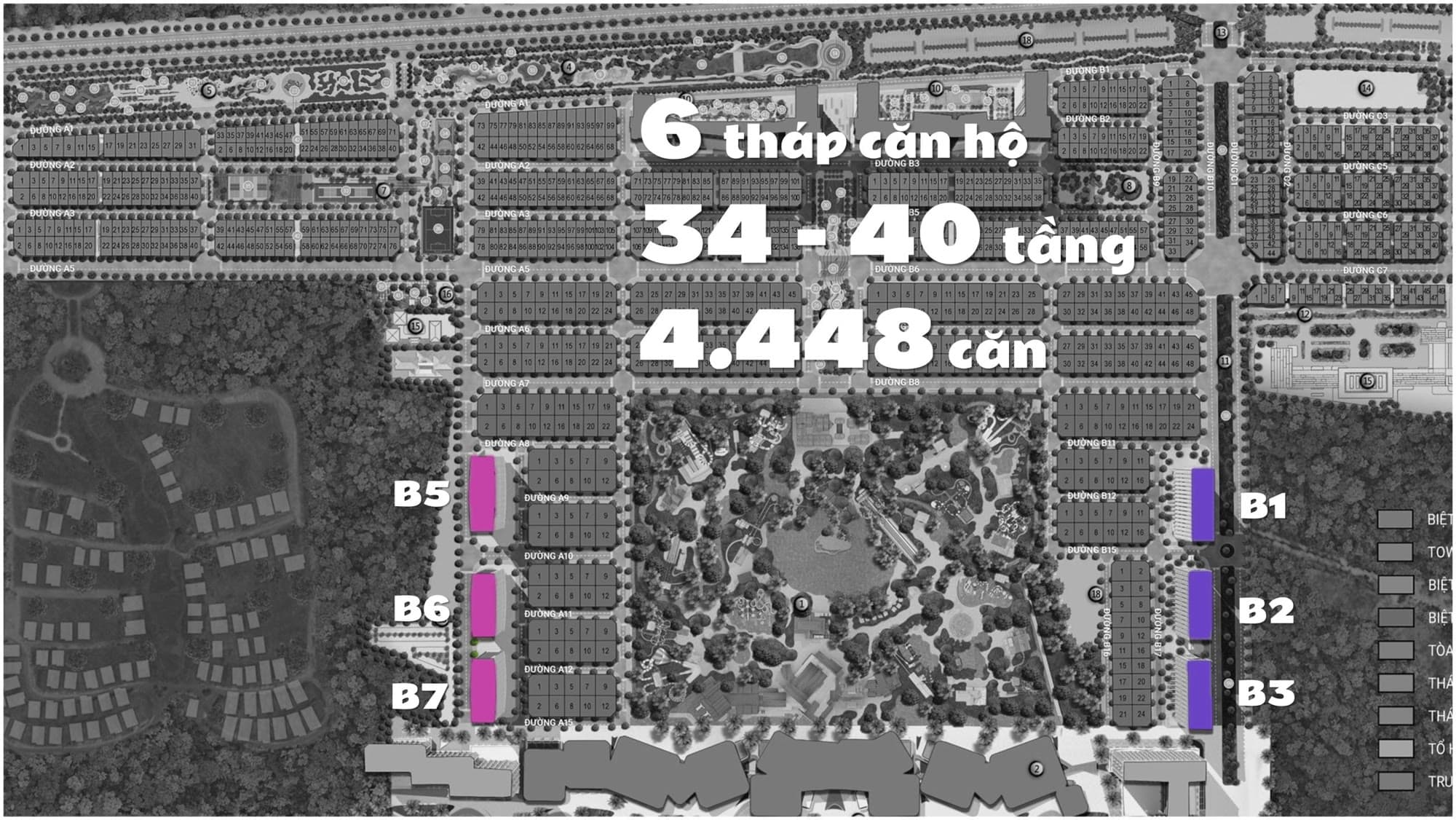 Sơ đồ phân khu Blanca City đánh dấu vị trí sáu tháp căn hộ B1–B7