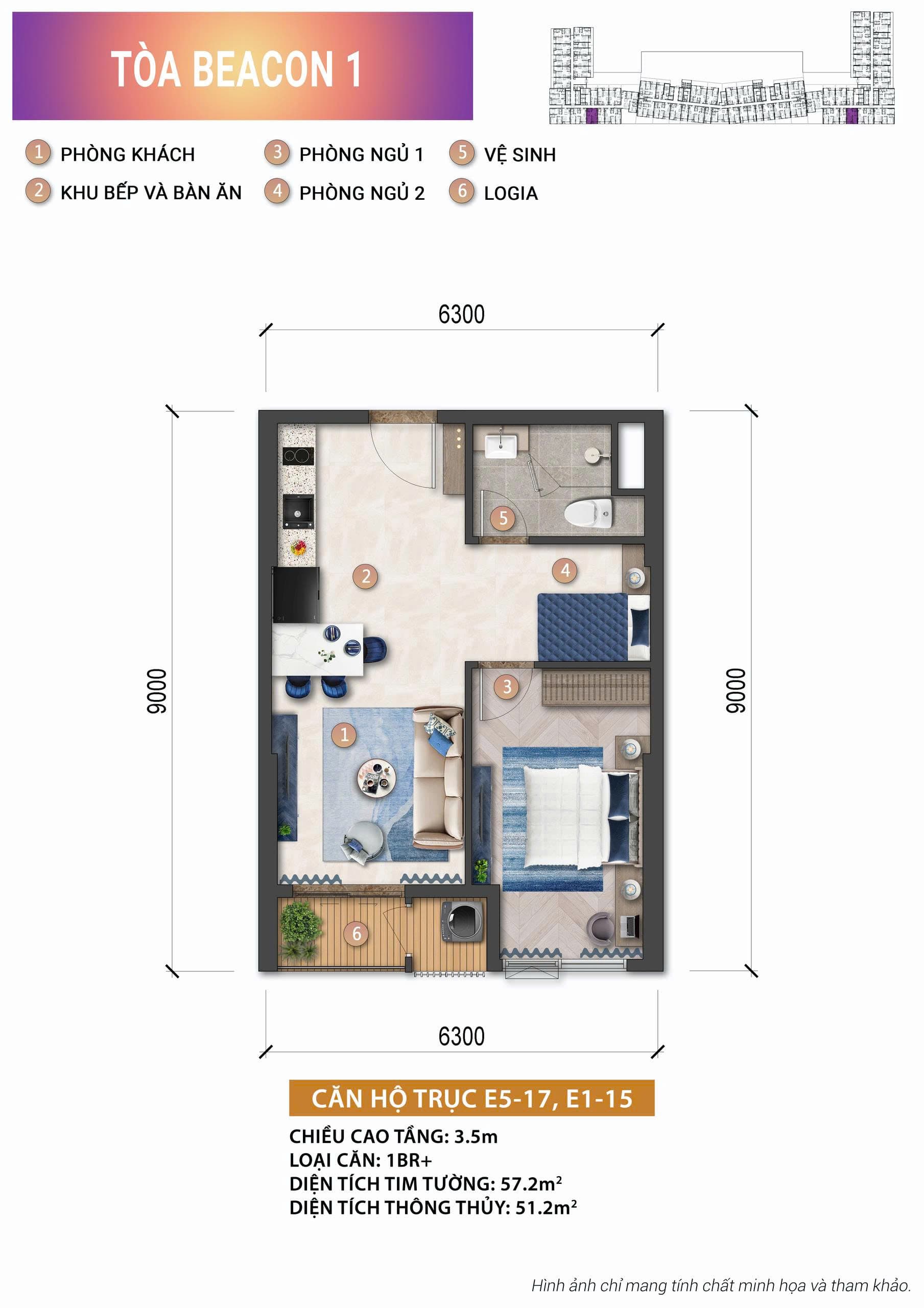 Mặt bằng căn hộ 1PN+ 57,2 m² tháp Beacon 1 — Blanca City