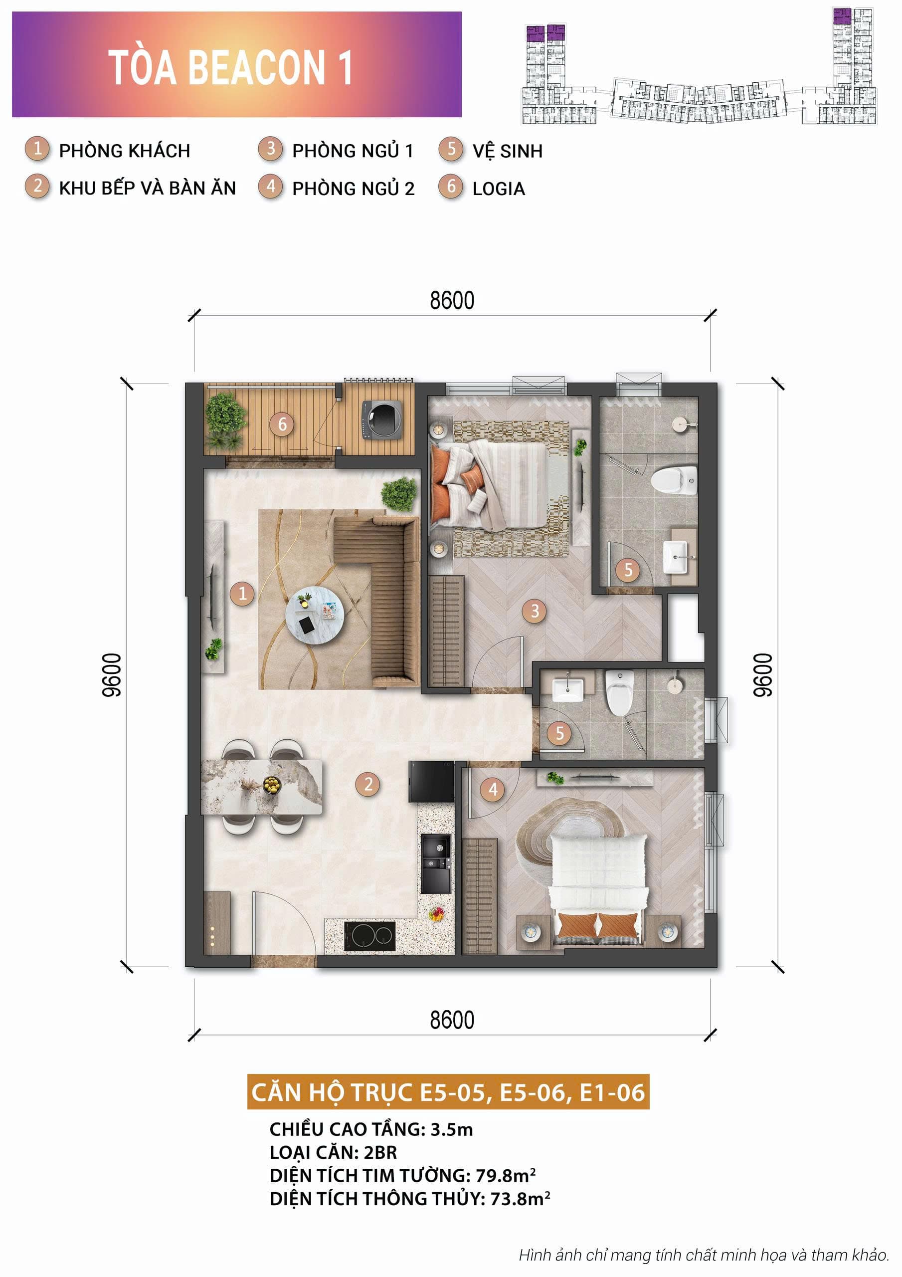 Mặt bằng căn hộ 2PN 79,8 m² tháp Beacon 1 — Blanca City