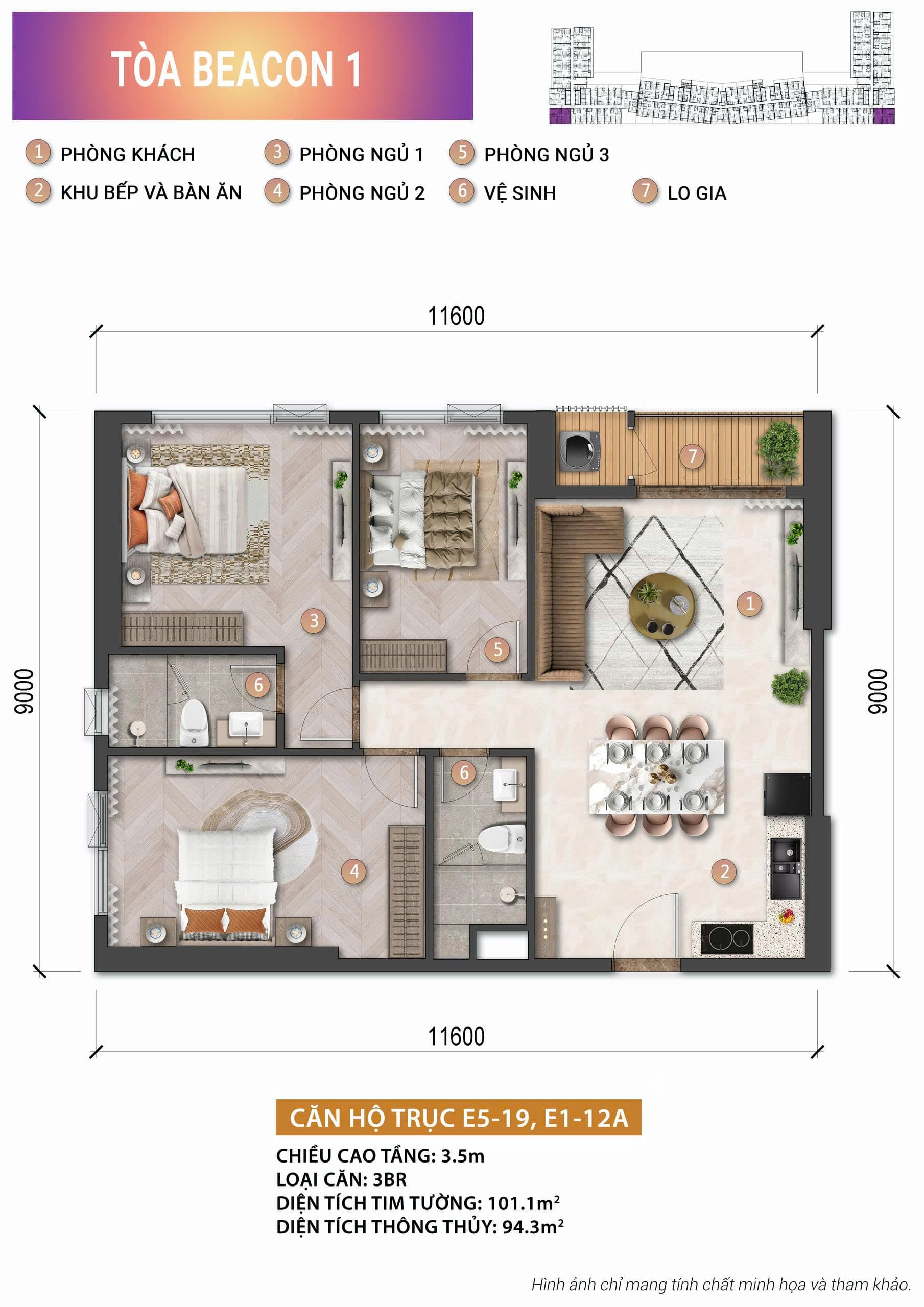 Mặt bằng căn hộ 3PN 101,1 m² tháp Beacon 1 — Blanca City