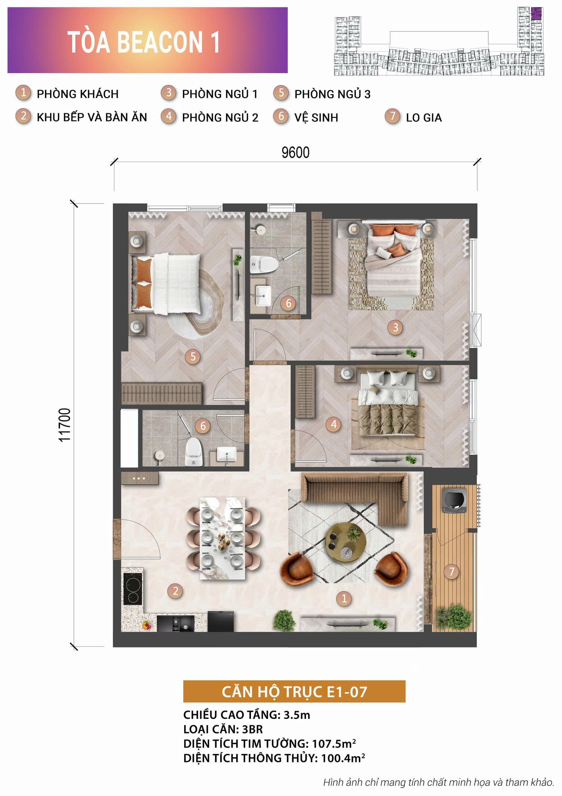 Mặt bằng căn hộ 3PN 107,5 m² tháp Beacon 1 — Blanca City
