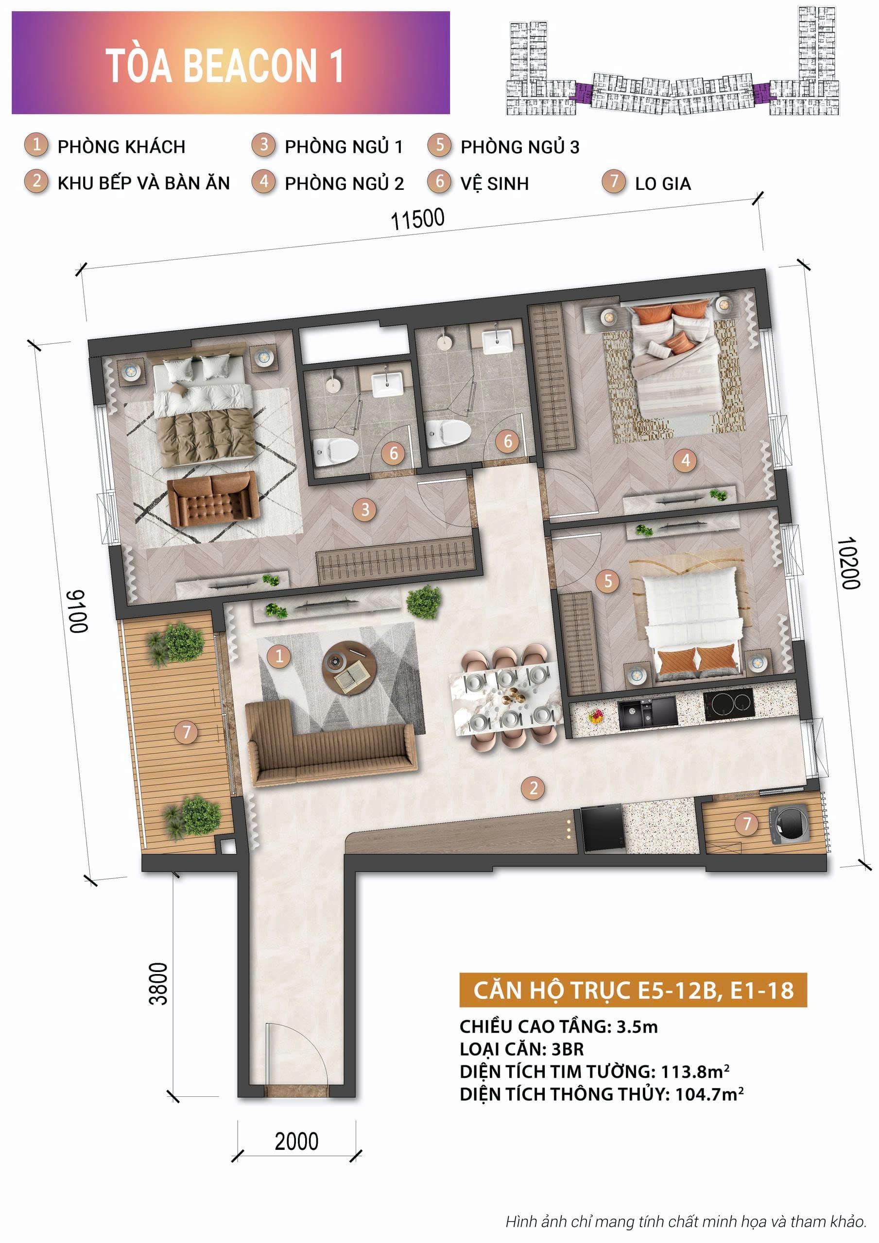 Mặt bằng căn hộ 3PN 113,8 m² tháp Beacon 1 — Blanca City