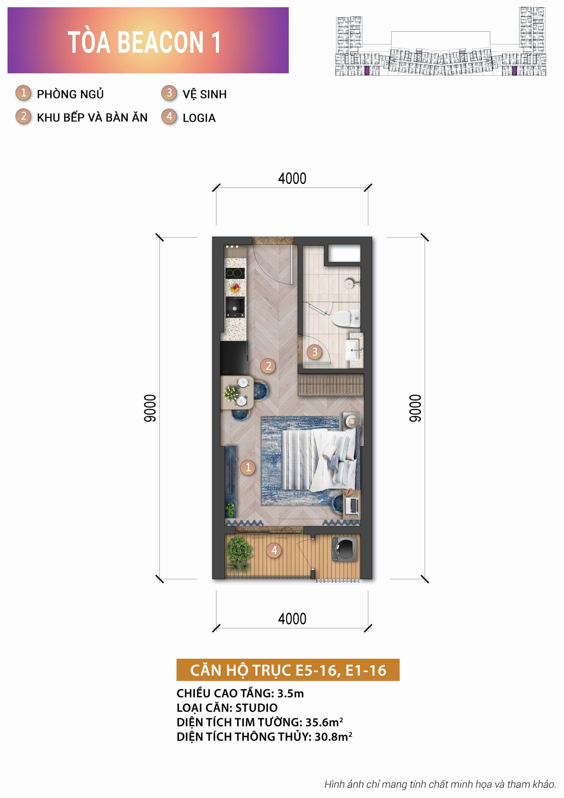 Mặt bằng căn hộ Studio 35,6 m² tháp Beacon 1 — Blanca City
