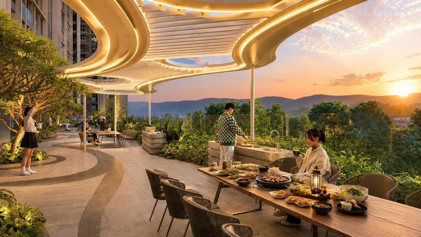 Khu vực BBQ ngoài trời trên tầng cao, bàn ăn dài và hoàng hôn phía núi