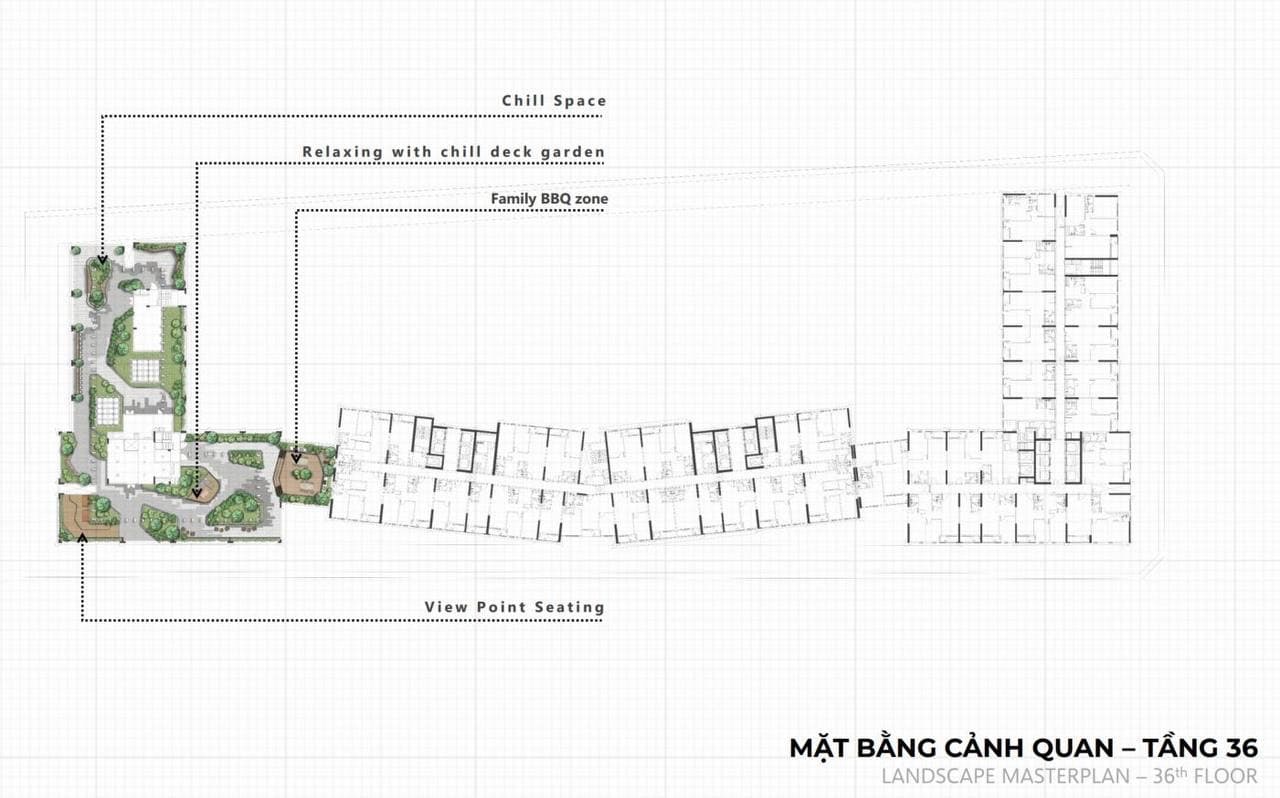 Bản vẽ mặt bằng cảnh quan tầng 36 chú thích Chill Space, Family BBQ zone, View Point Seating