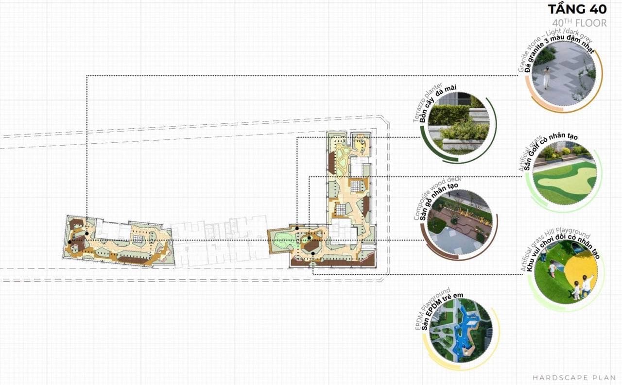 Bản vẽ mặt bằng hardscape tầng 40 kèm chú thích vật liệu sân golf, sân chơi trẻ em