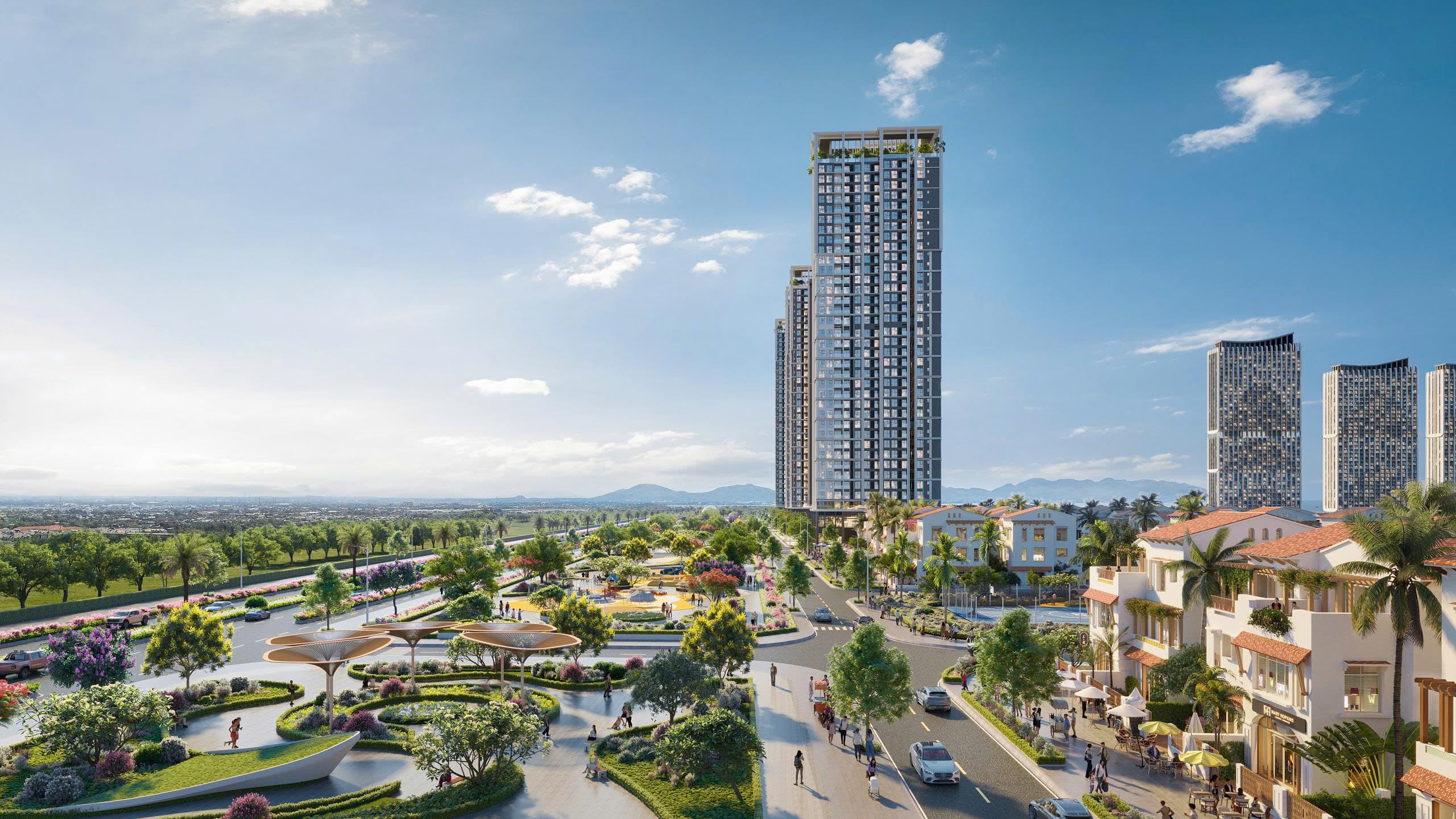 Tòa tháp căn hộ vươn cao bên công viên trung tâm và dãy shophouse thấp tầng