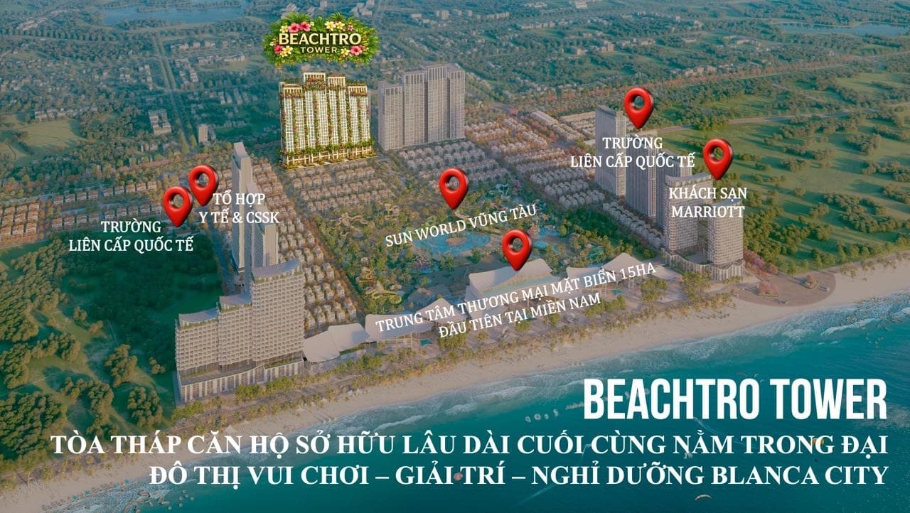 Phối cảnh trên cao đánh dấu Sun World, khách sạn Marriott và trường học quanh tháp