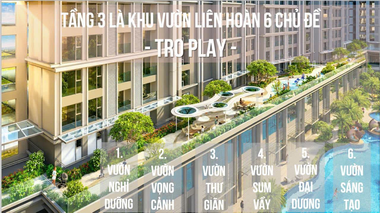 Vườn trên tầng ba khối căn hộ với hồ bơi, bồn cây và ghế nghỉ