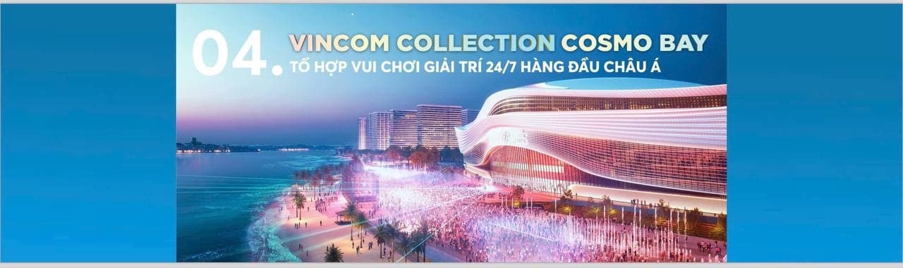 Phối cảnh toà nhà Vincom Collection Cosmo Bay về đêm với mặt kính uốn lượn, quảng trường nhạc nước phía trước đông người