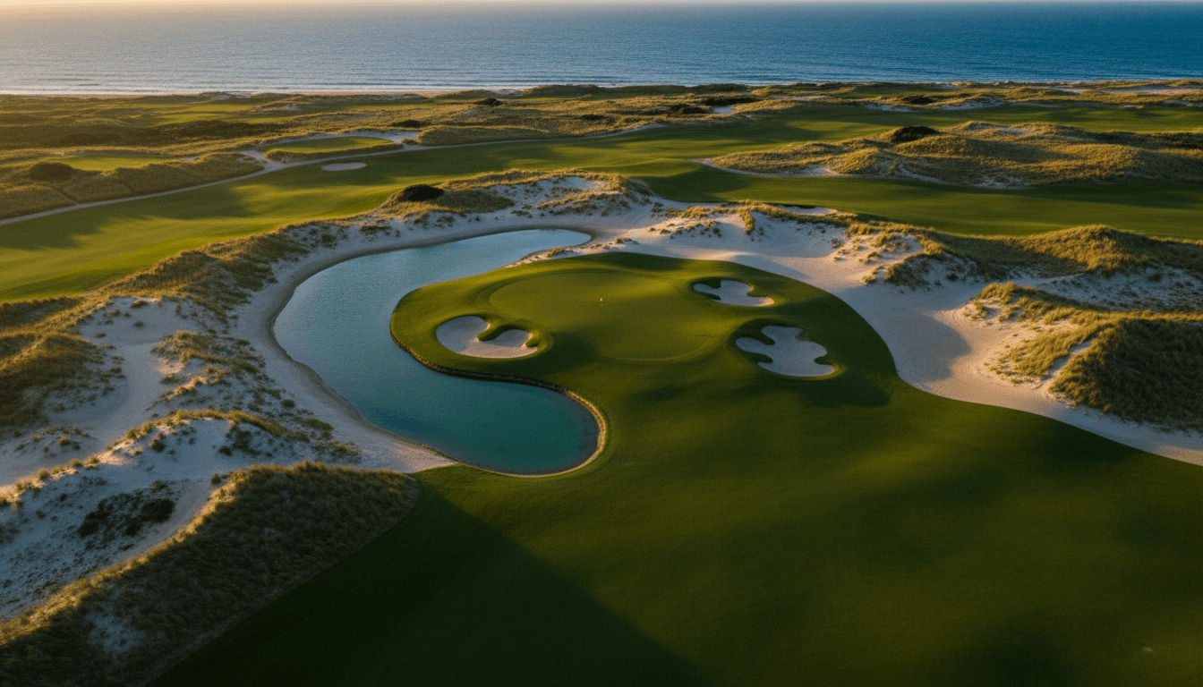 Sân golf ven biển nhìn từ trên cao lúc hoàng hôn với fairway xanh mướt