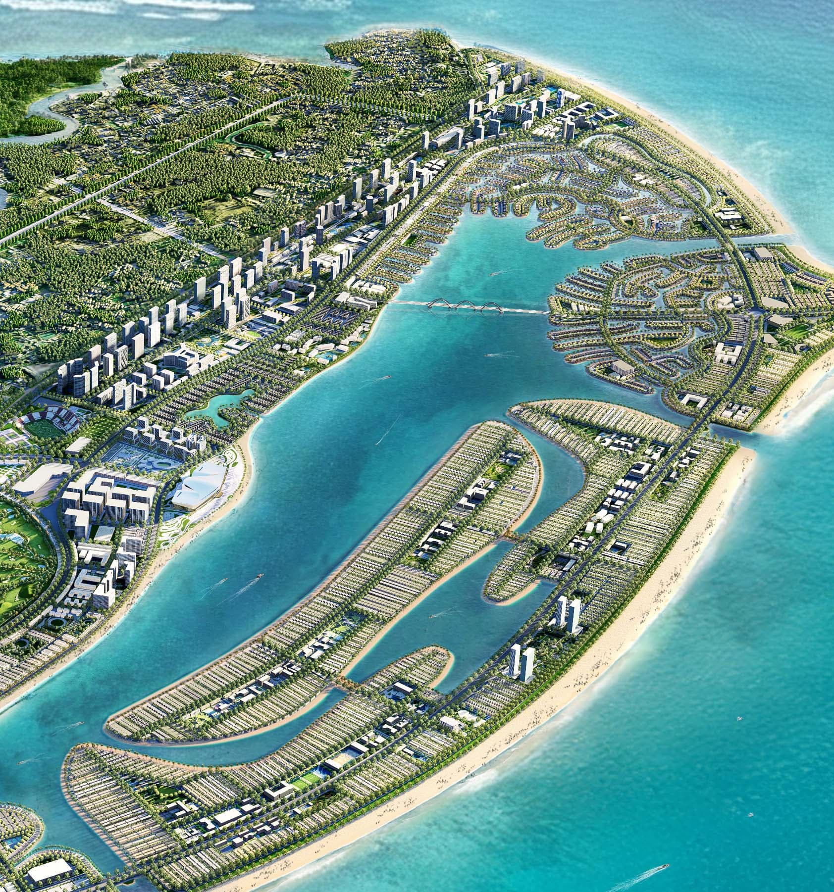 Phối cảnh tổng thể khu đô thị biển nhìn từ trên cao, hồ nước xanh ngọc ở giữa được bao quanh bởi các cụm đảo nhà thấp tầng, khu cao tầng, sân golf và bãi biển cát trắng