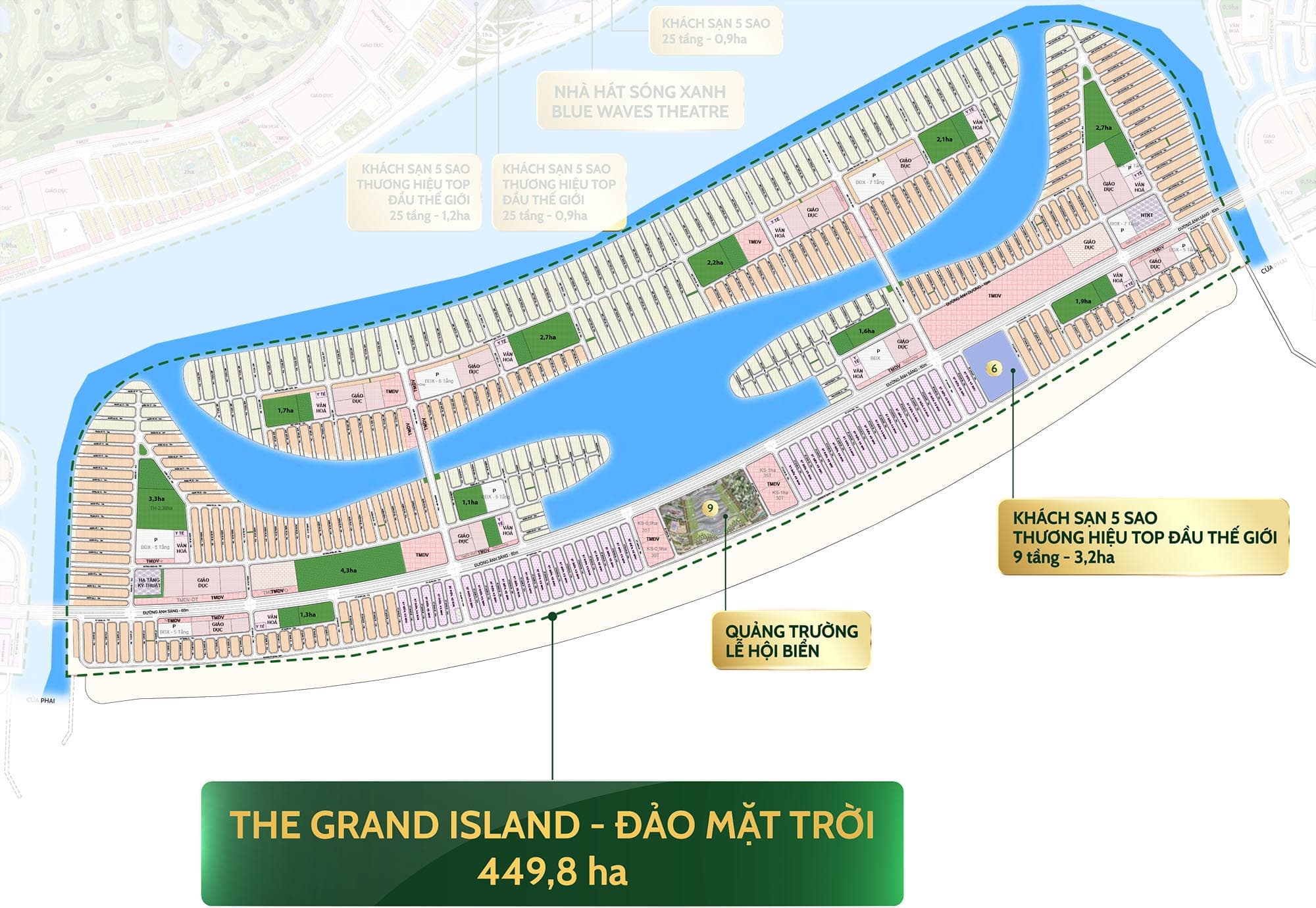 So do mat bang quy hoach phan khu The Grand Island - Dao Mat Troi rong 449,8 ha, the hien cac day o dat, ho nuoc, vi tri nha hat Song Xanh va quang truong le hoi bien