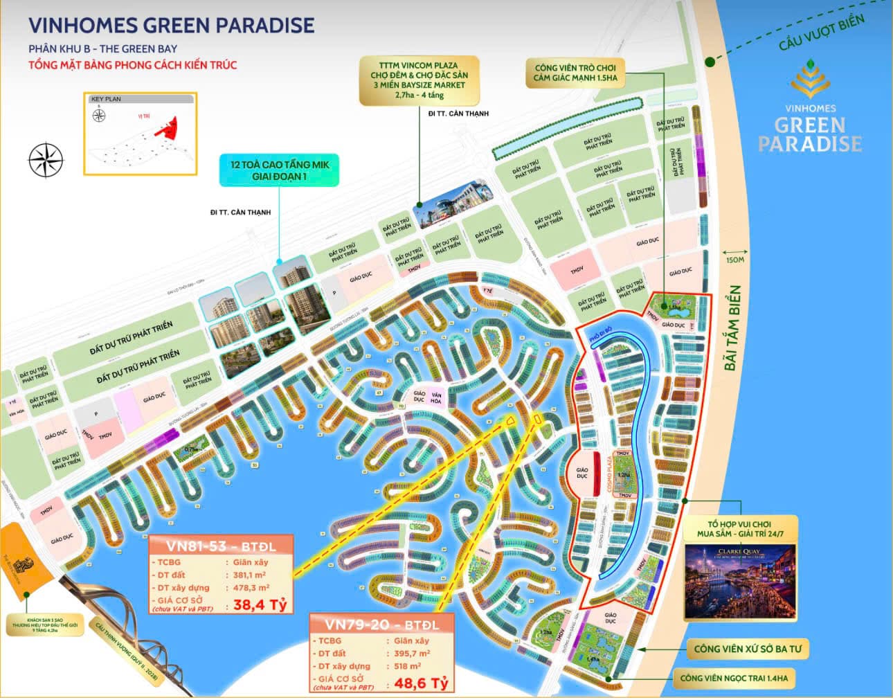 Tổng mặt bằng phong cách kiến trúc Phân khu B - The Green Bay, chú thích giá cơ sở hai lô biệt thự đơn lập VN79-20 và VN81-53