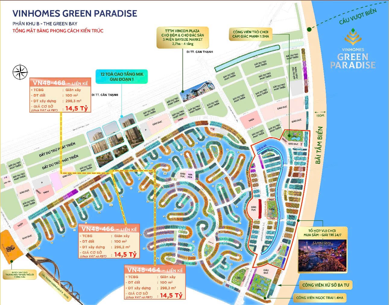 Tổng mặt bằng phong cách kiến trúc Phân khu B - The Green Bay, chú thích giá cơ sở các lô liền kề VN48-464, VN48-466, VN48-468