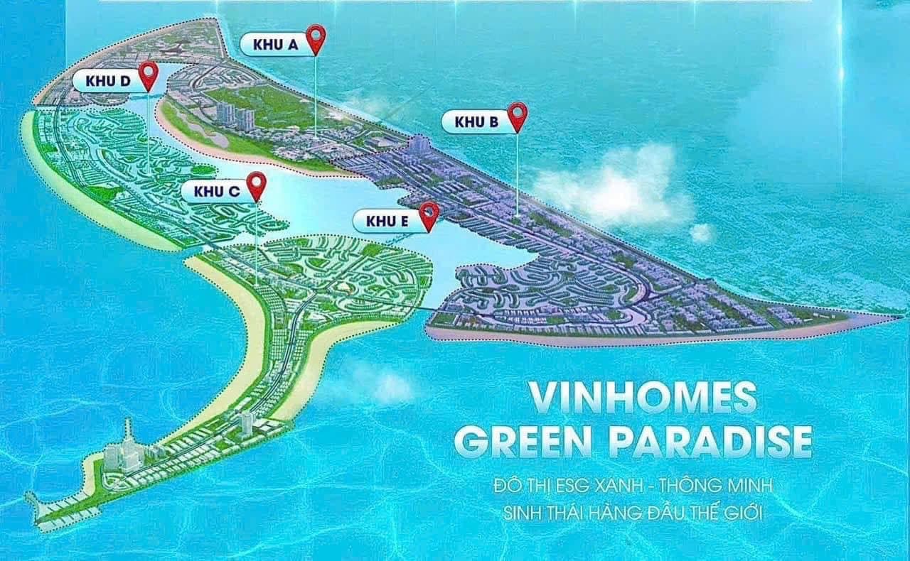 Sơ đồ năm phân khu A, B, C, D, E của Vinhomes Green Paradise pin trên ảnh vệ tinh toàn khu
