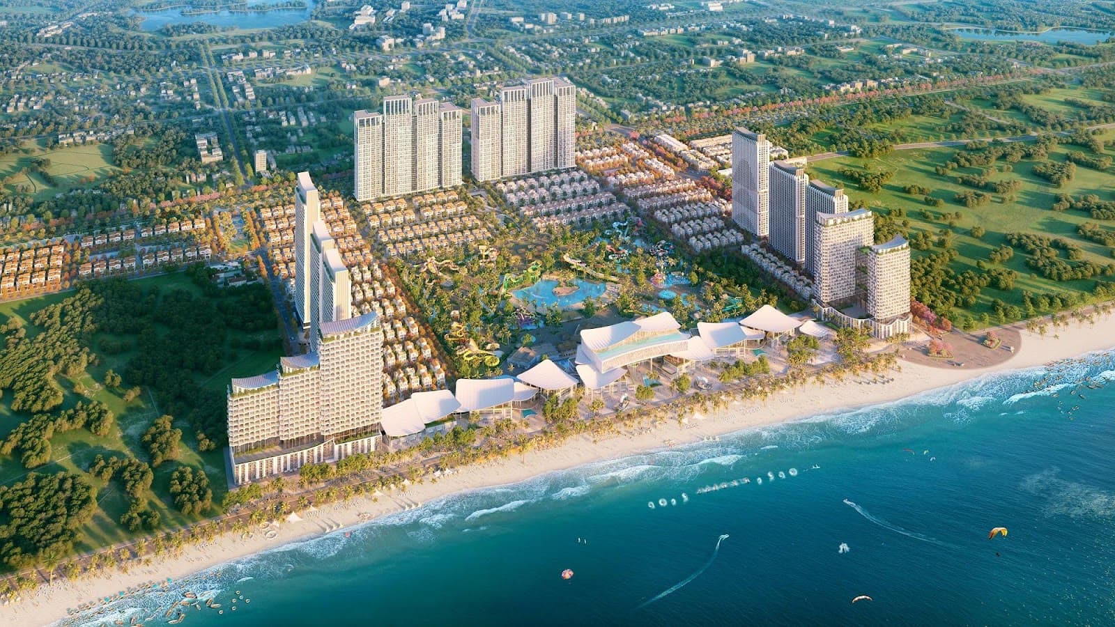 Phối cảnh Blanca City nhìn ra bãi biển và công viên nước