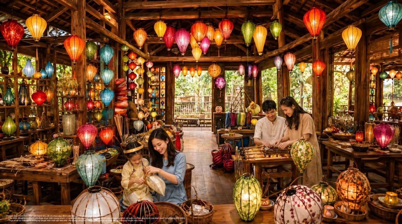 Phối cảnh làng nghề đèn lồng truyền thống với các nghệ nhân làm đèn, treo đầy đèn lồng nhiều màu trên cao