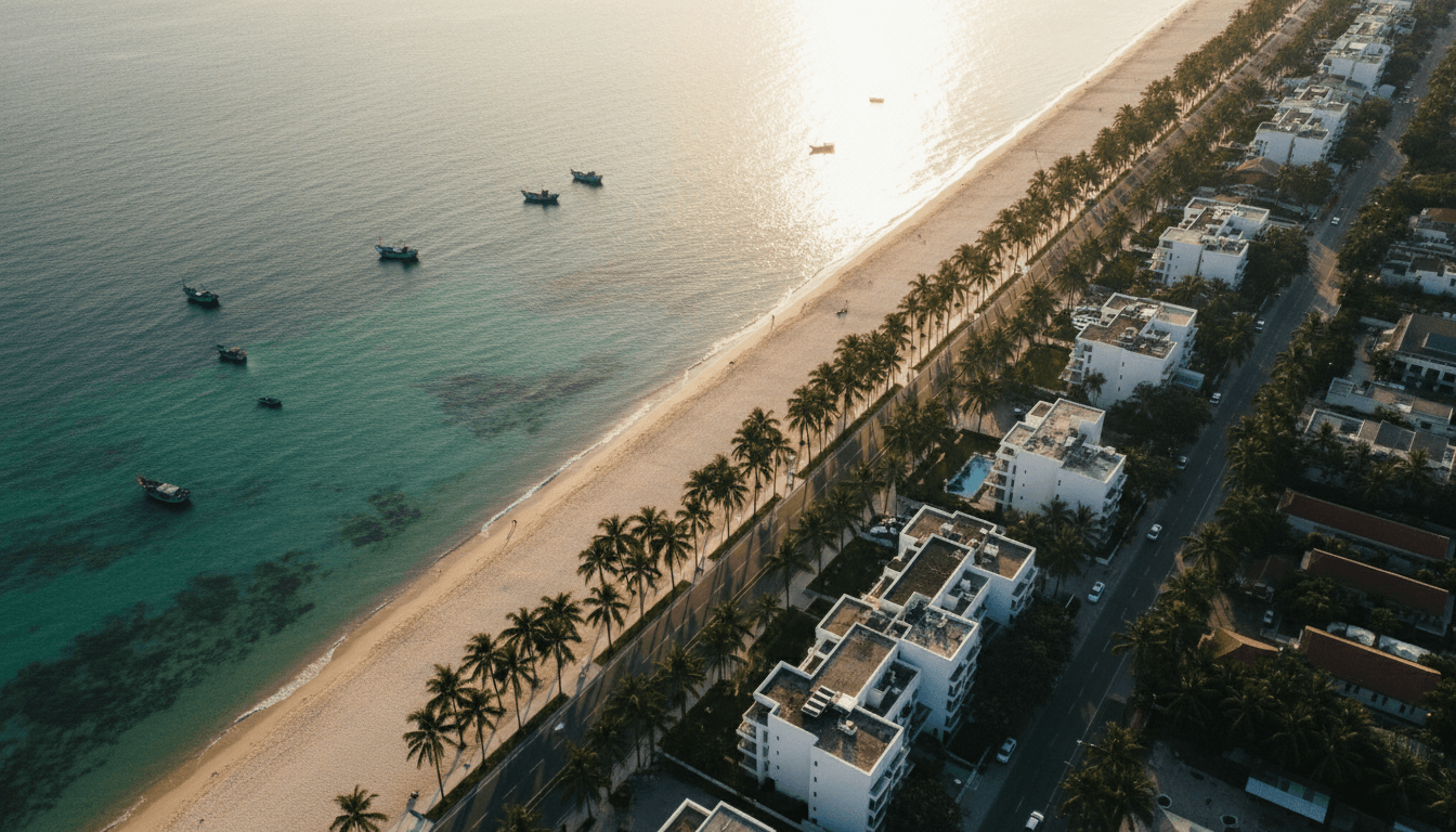 Bờ biển miền Nam nhìn từ trên cao lúc hoàng hôn