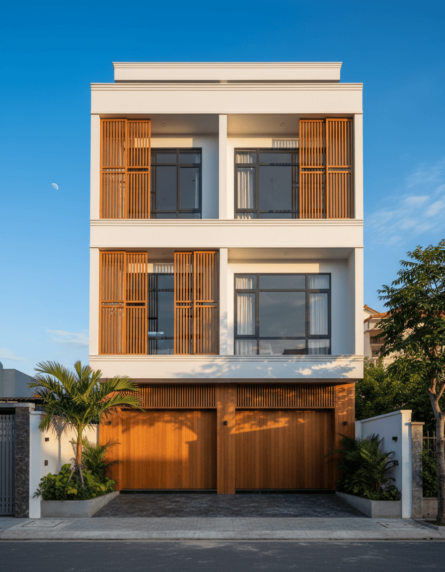 Mặt tiền nhà phố hiện đại bốn tầng lúc hoàng hôn